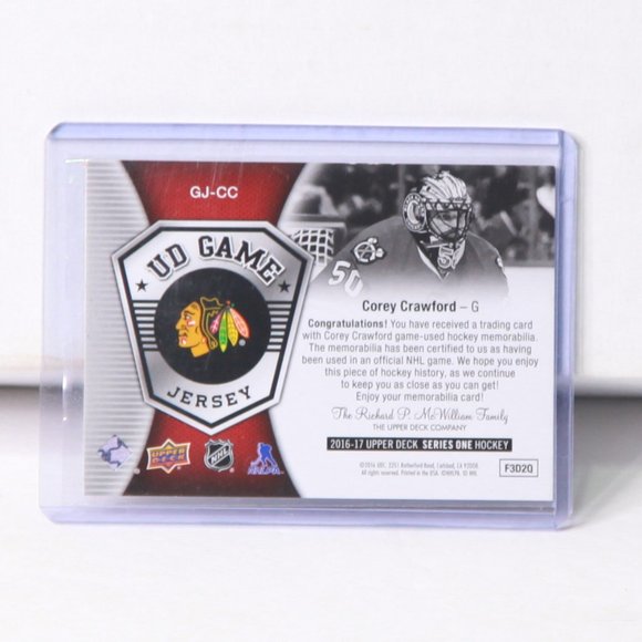 Corey Crawford UD Game-Used Jersey Hockey Card Chicago Blackhawks 2016/17 - Picture 2 of 2